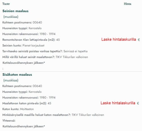 Remonttilaskurissa ostoskoriin lisäys